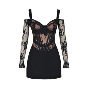 NWT Mistress Rocks Black Lace Corset‎ Off Shoulder Mini Dress Romantic Goth Sz S